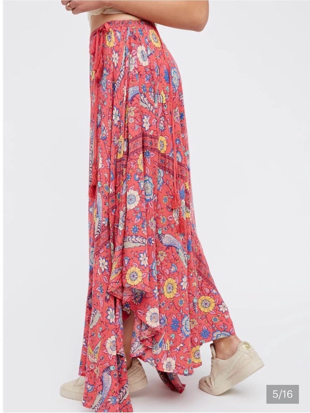 Spell Red Floral Maxi Skirt with Multicolor Floral Motif Sz sm - Picture 2 of 7